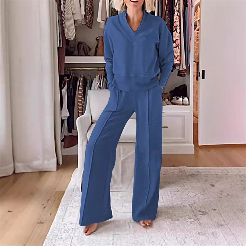 49-off-women-s-solid-color-v-neck-top-pants-two-piece-set-3868